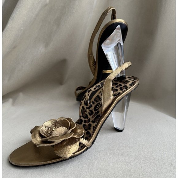 Dolce Gabbana Gold Leather Sandal Size 38.5 Clear Acrylic Heels Cheetah Leopard - Picture 1 of 14